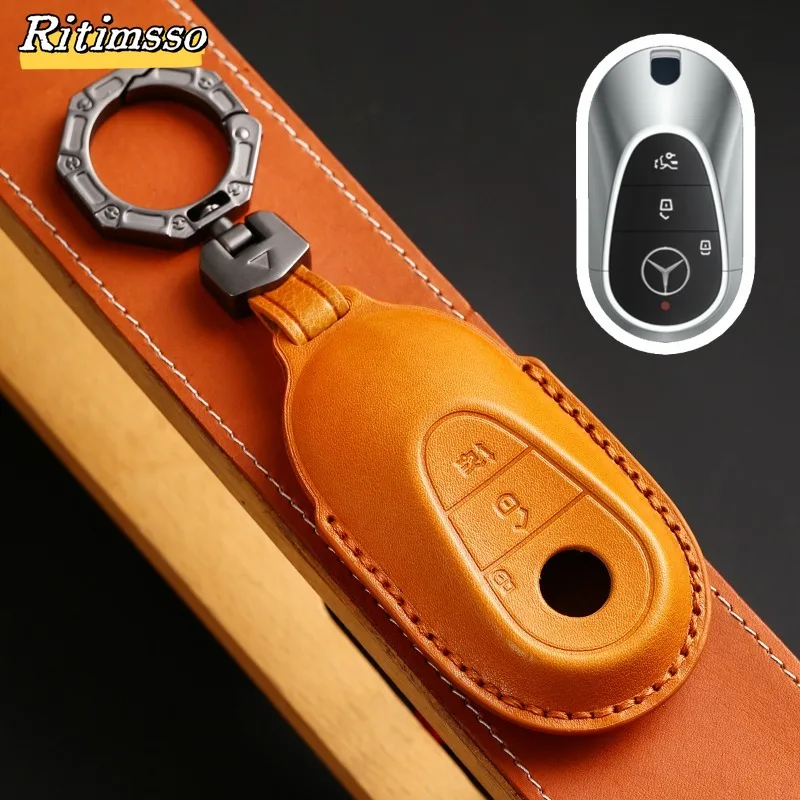 Leather Car Key Cover Case for Mercedes Benz S C Class S400 S450L C200l C260l 2021 2022  Car Key Case Key Chain Protector