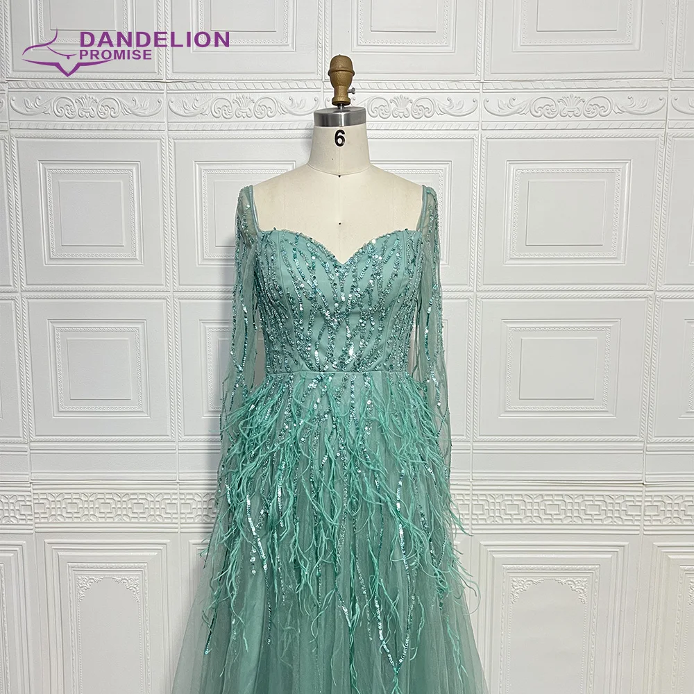 Luxury Beaded Green  Feathers A-Line Evening Dress 2023 Sweetheart Long Sleeves For Women Formal Party Gown