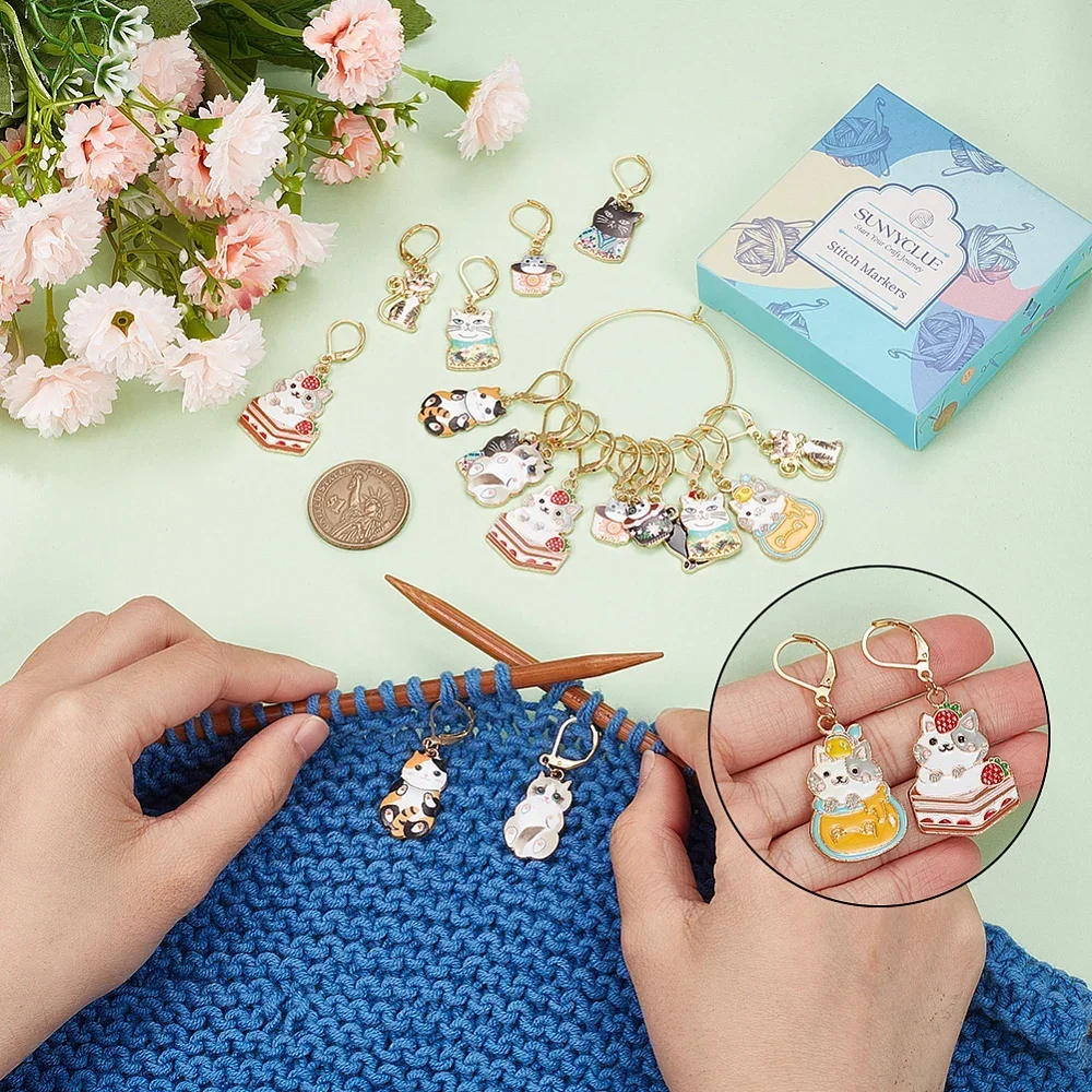 Enamel Cat Charm Locking Stitch Markers, Gold Tone, 304 Aço Inoxidável, Fecho Stitch Markers, Cor Misturada, Liga, 10 Estilos, 20Pcs