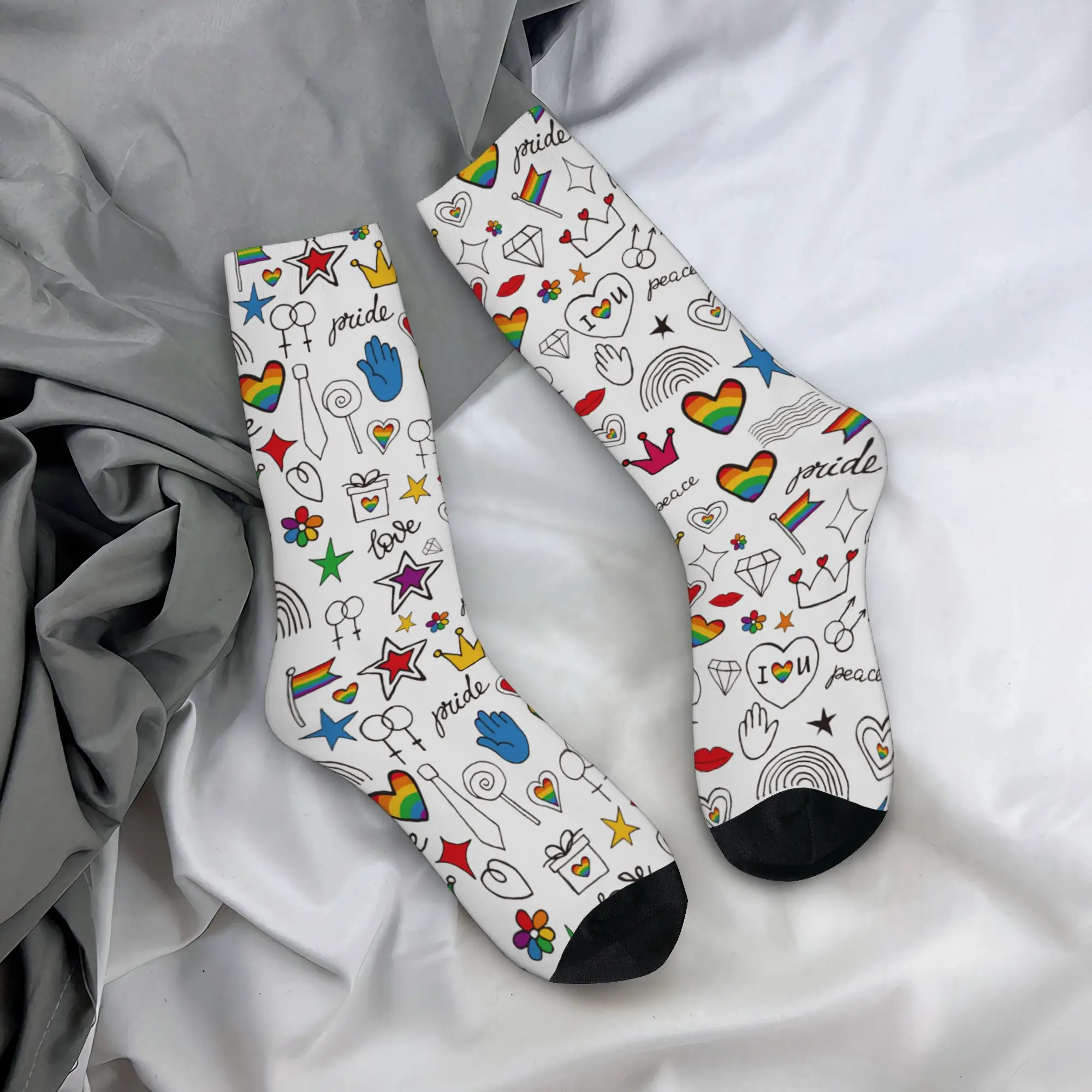 LGBTQ Doodles Pride Love Peace Rainbow  Design Theme Crew Socks Merch for Women Men Compression Print Socks