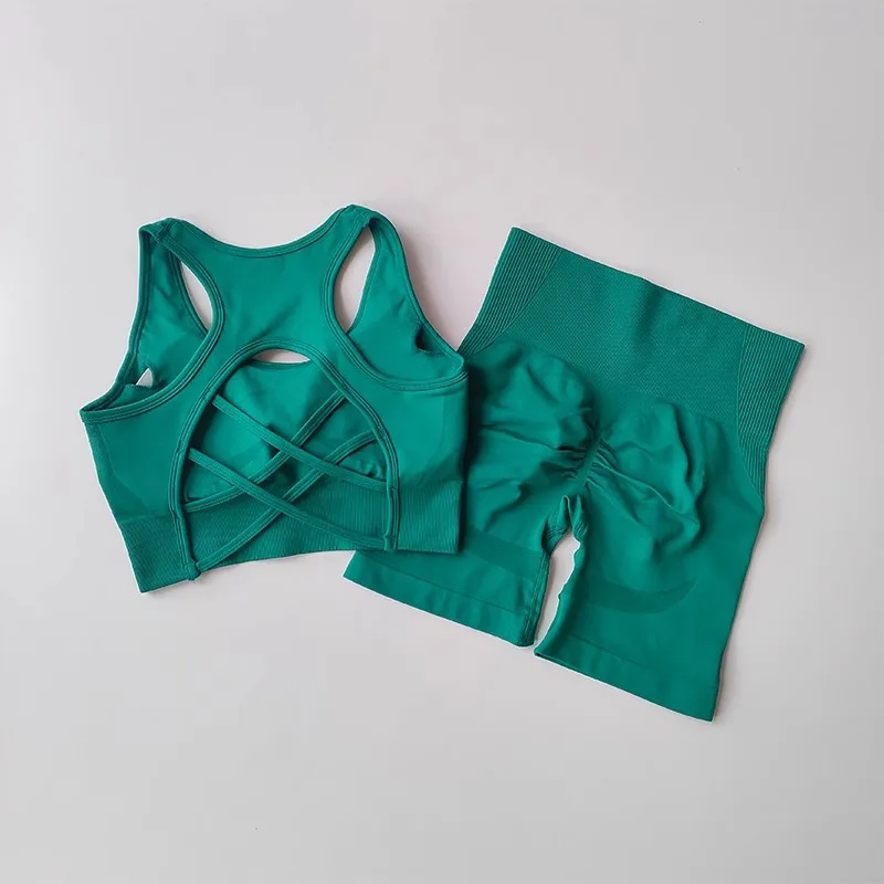 Yoga-Trainingsset für Damen, kombiniert mit gerafftem Rücken und hochtaillierten, hüftformenden Sportshorts – Detail 8