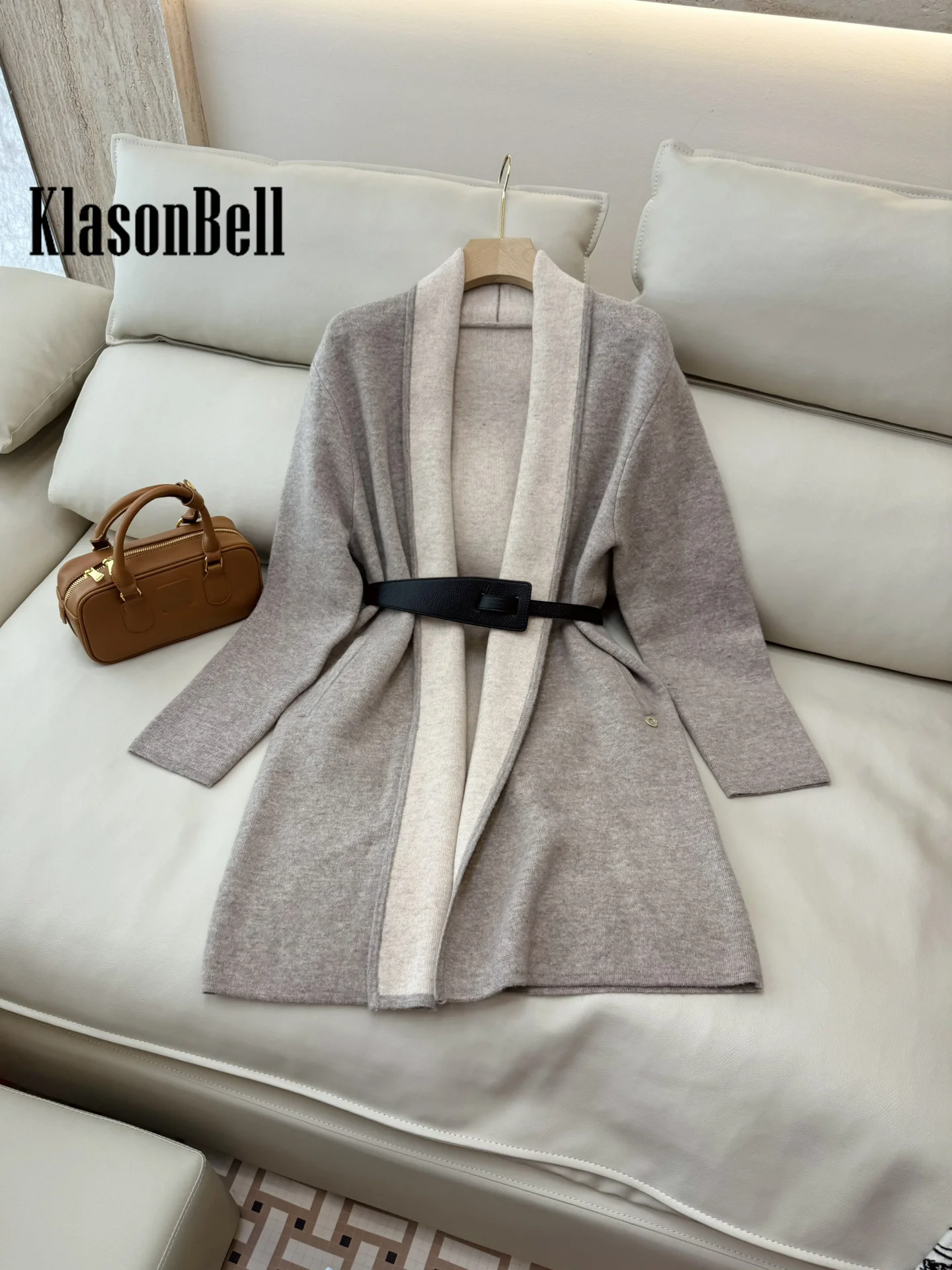 9.4 KlasonBell Women Classic Double-Suede Patchwork Color Lapel Collar Wool Knit Cardigan With Leather Belt Long Sleeve Coat