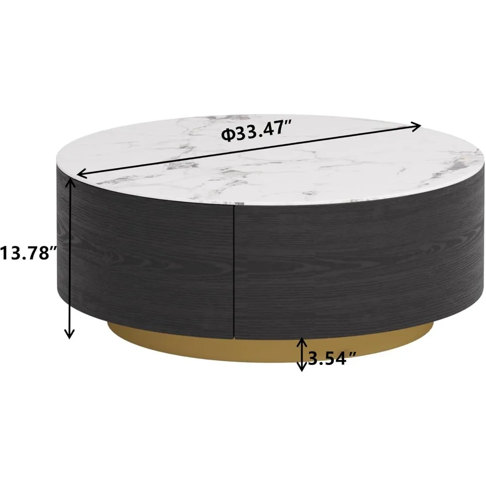 Round Center Table for Living Room - Sintered Stone Round Coffee Tables with 2 Storage Drawers, Table Luxury Circle Coffee Table