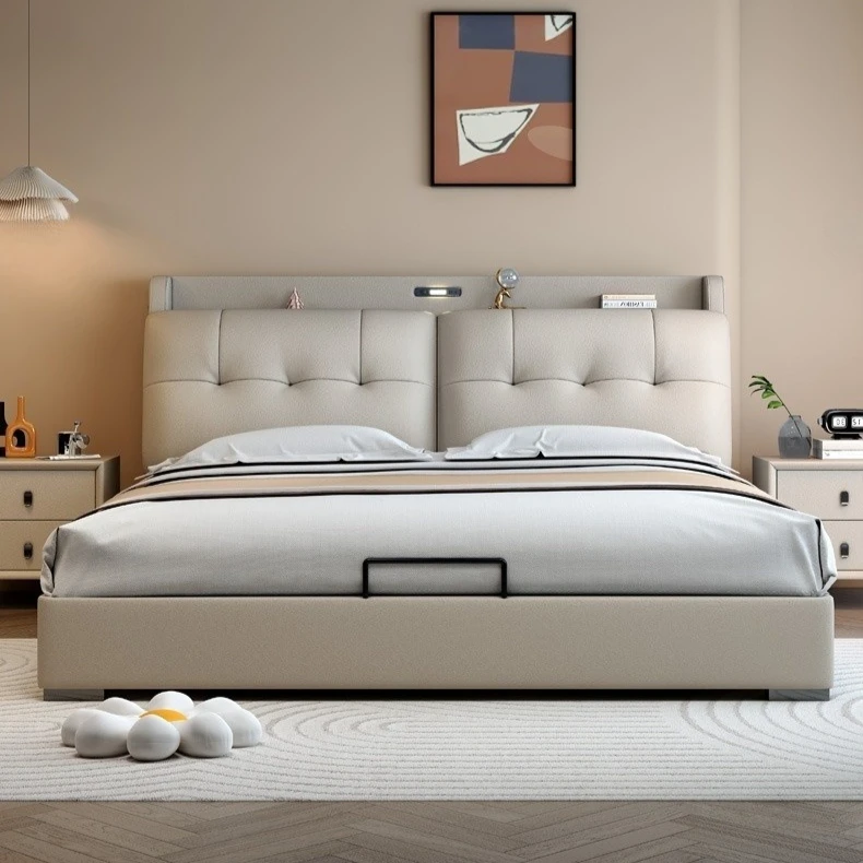 

Nordic Modern Storage Double Bed Frame Elegant Princess Light Luxury Leather Bed Loft Villa Cama Matrimonial Furniture Home