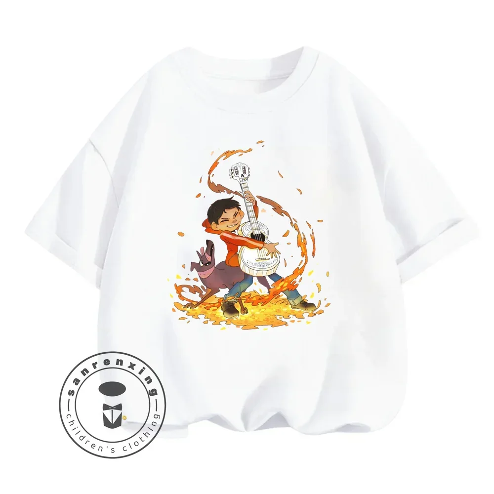 

2024 Vibrant Coco Animated Cartoon Character Print Design O-neck Solid Color Printed Short Sleeve for Fit Summer Boys and Girls