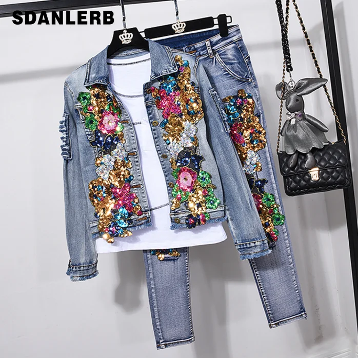 European Style Denim Suit Fashion Outfit Women New Flower Sequined Denim Jacket Short Jacket & Jeans Pants Two-Piece Set Female