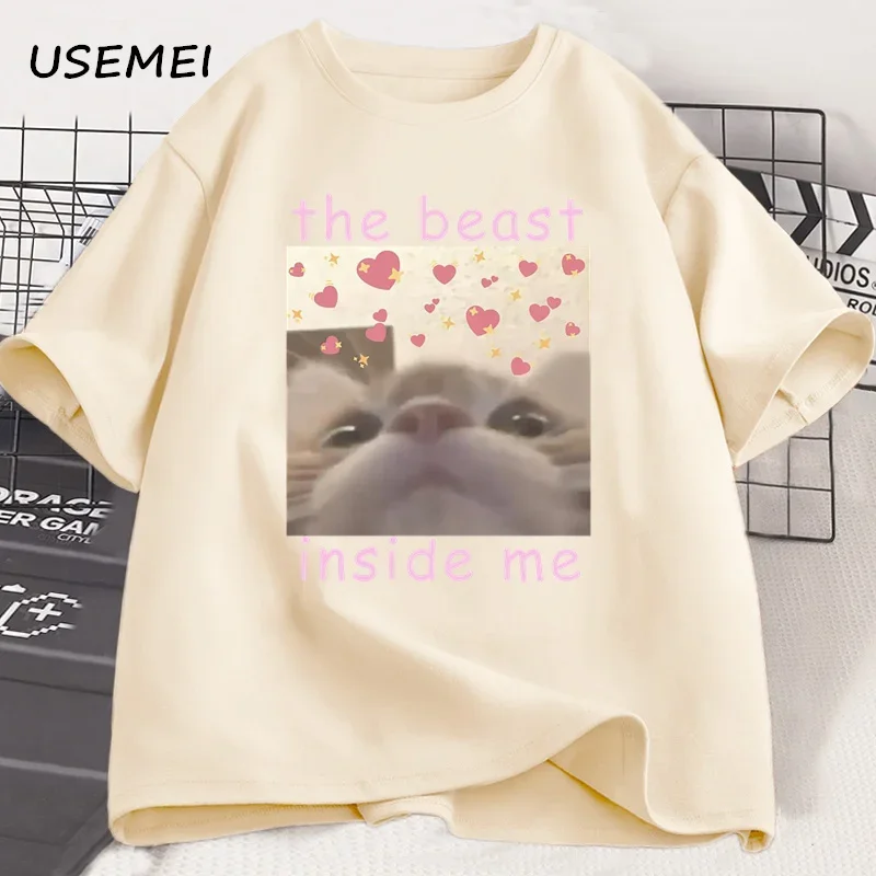 The Beast Inside Me Cat Meme T-shirt for Men Women Silly Cats Tees Casual Short Sleeve Graphic Tees Cotton Male Clothing