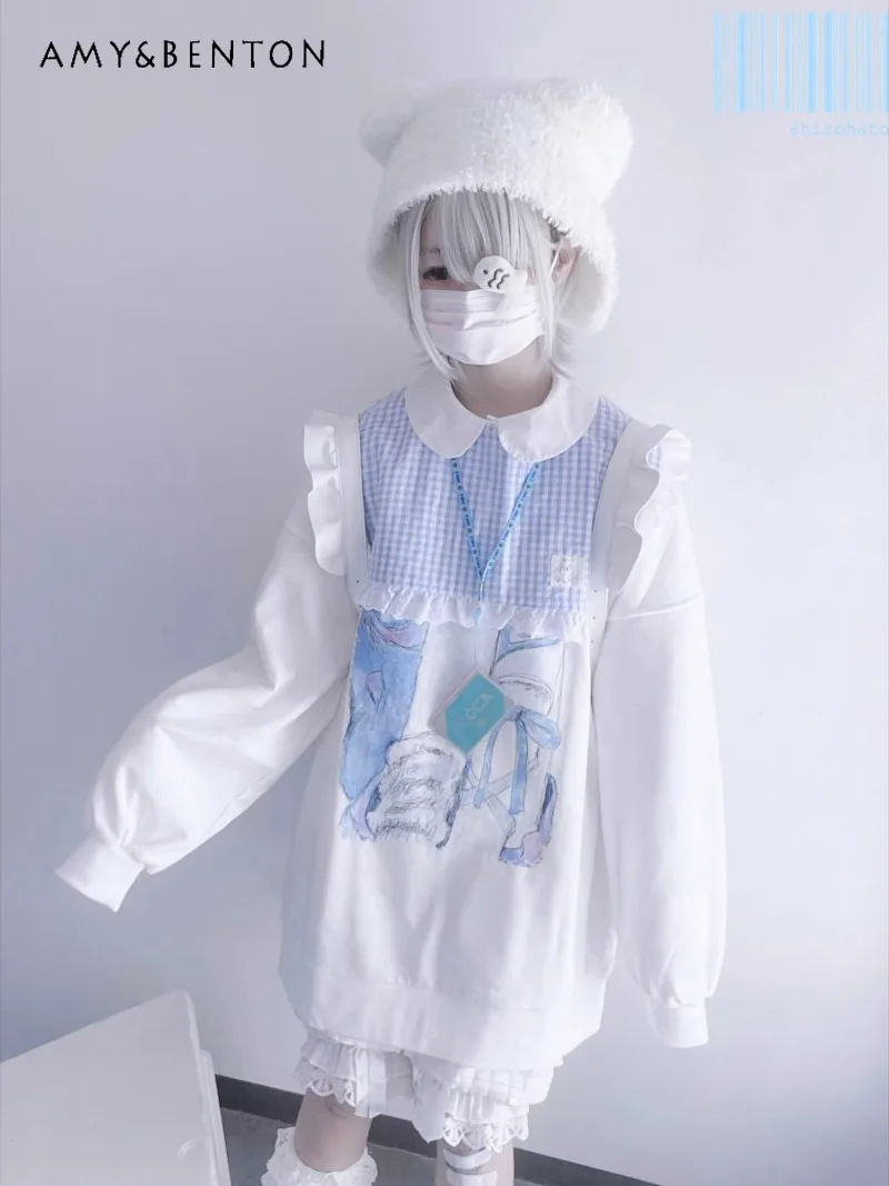 

Original Japanese Watercolor Anime Print Organza Lapel Detachable Oversized Sweatshirt Subculture Goth Mid-Length Hoodies Women