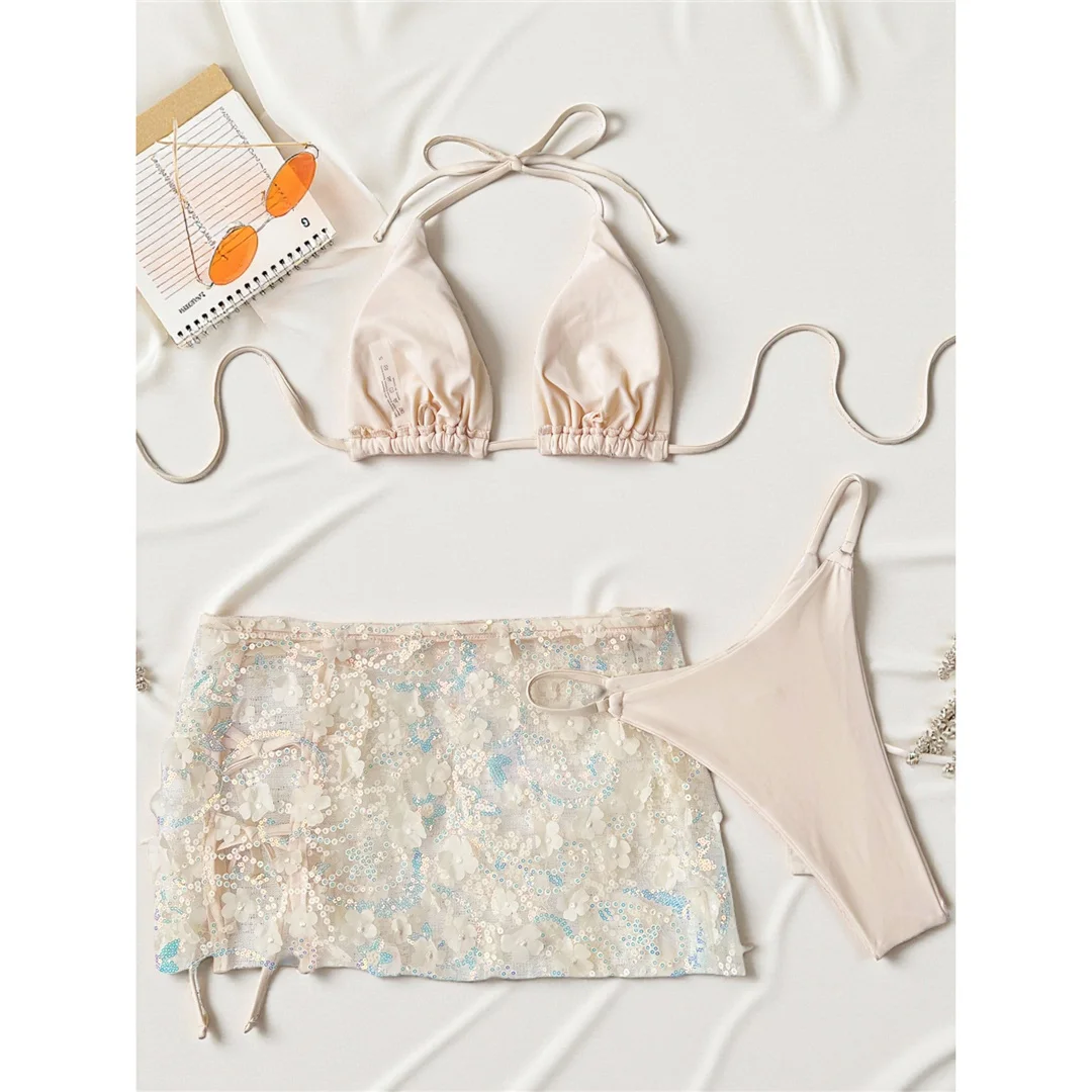 S - XL Dreiteiliges Bikini-Set mit Rock, Blumen, Pailletten, Damen-Bikini, Badeanzug, Badebekleidung, Badeanzug, Schwimmbekleidung V7864 – Detail 14