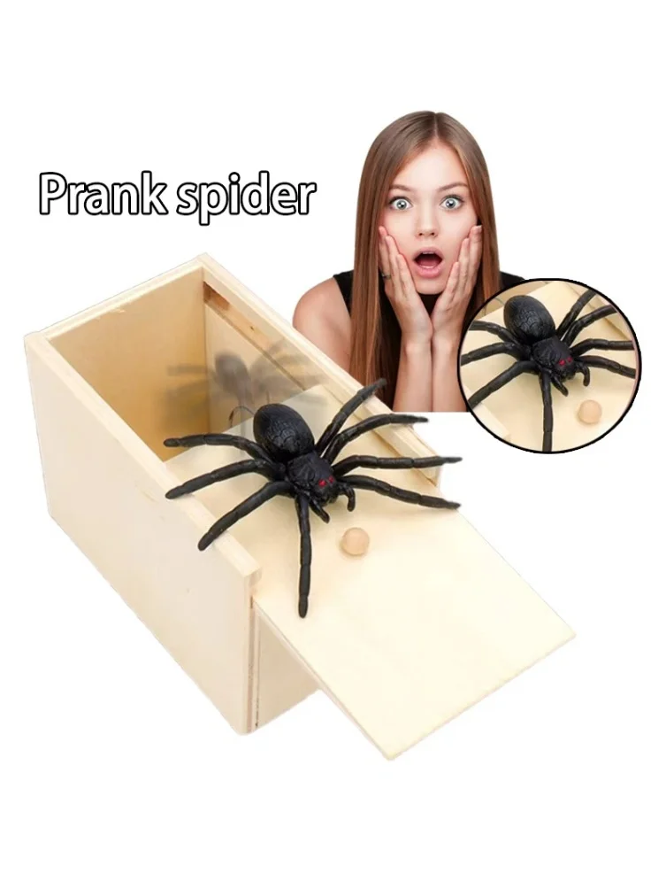 트릭 스파이더 재미있는 무서운 상자 할로윈 재미있는 고무 거미 수제 나무 상자 깜짝 친구 장난감