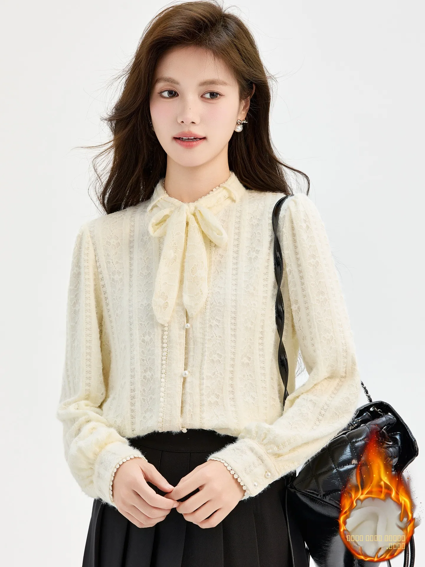 

Женская кружевная блузка с узлом, утепленная, прямого кроя, с длинным рукавом, новинка зимы 2025, цветная