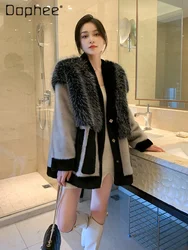 Mink Fur Jacket Women V-neck Single Breast Big Pockets Coat Splicing Mid Length Casual Outerwear 2024 Winter New Fashion