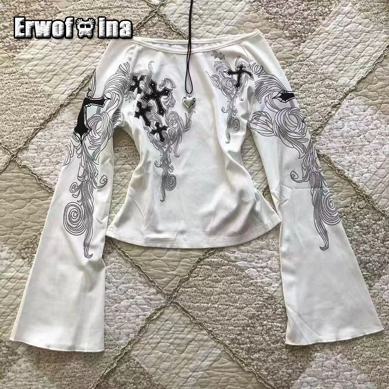 

Erwofeina American Retro T-shirt Slash Neck Flare Sleeve Graphic Tee 2000s Clothes Y2k Slim Chic Long Sleeve Korean Fashion Tops
