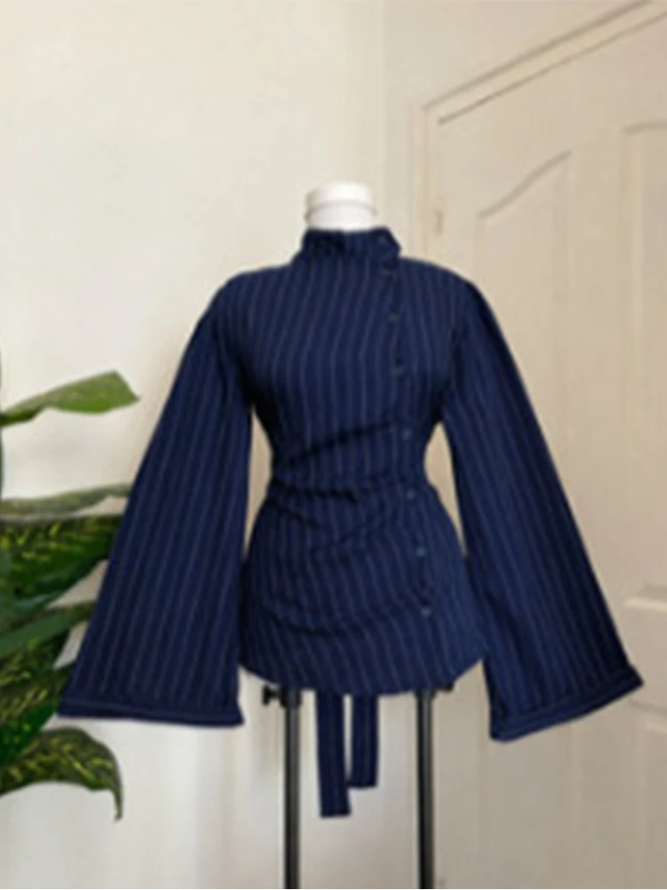 Women Long Sleeve Top Vertical Stripe High Neck Asymmetric Button Slim Fit Bell Sleeve Tie Waist Vintage Casual Fashion Blouse
