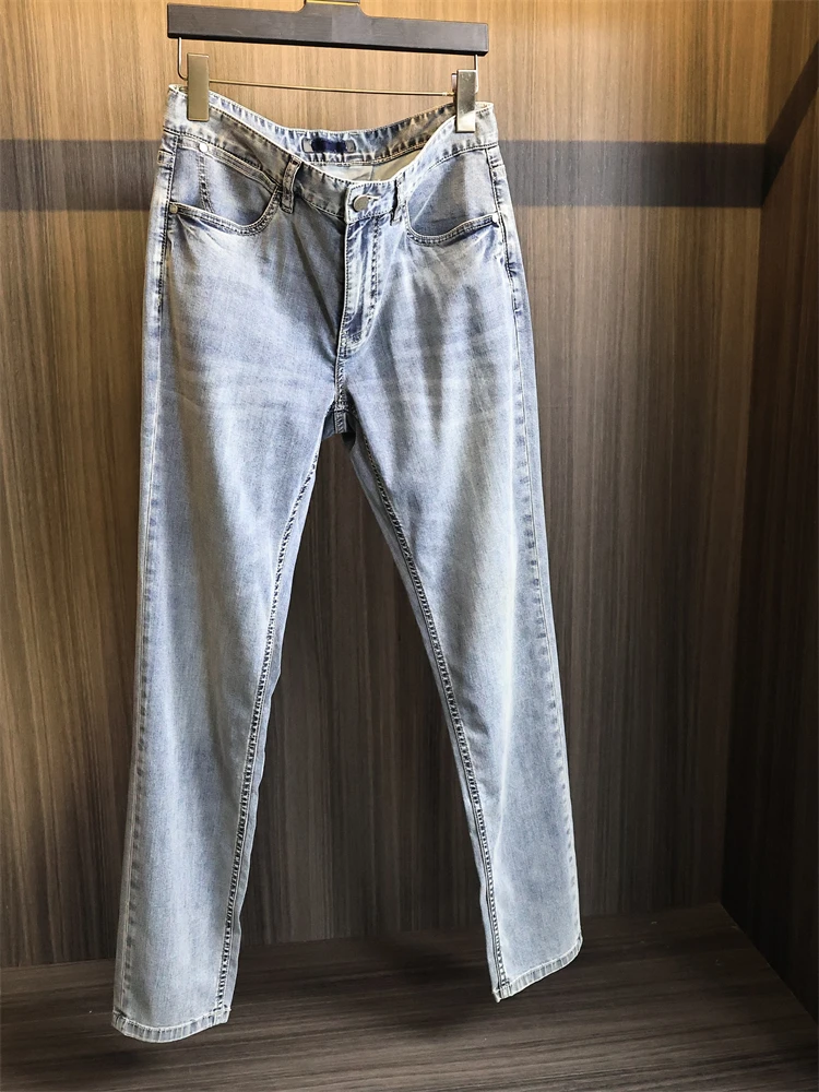 

Легкие летние мужские джинсы, повседневные прямые джинсы с талией, модные хлопковые эластичные джинсы со средней талией на молнии, современные сле