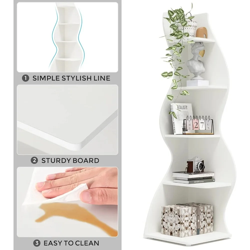 Corner Shelf, Modern 5-Tier Wall Corner Bookshelf, Stylish Corner Small Bookcase Storage Rack Plant Stand