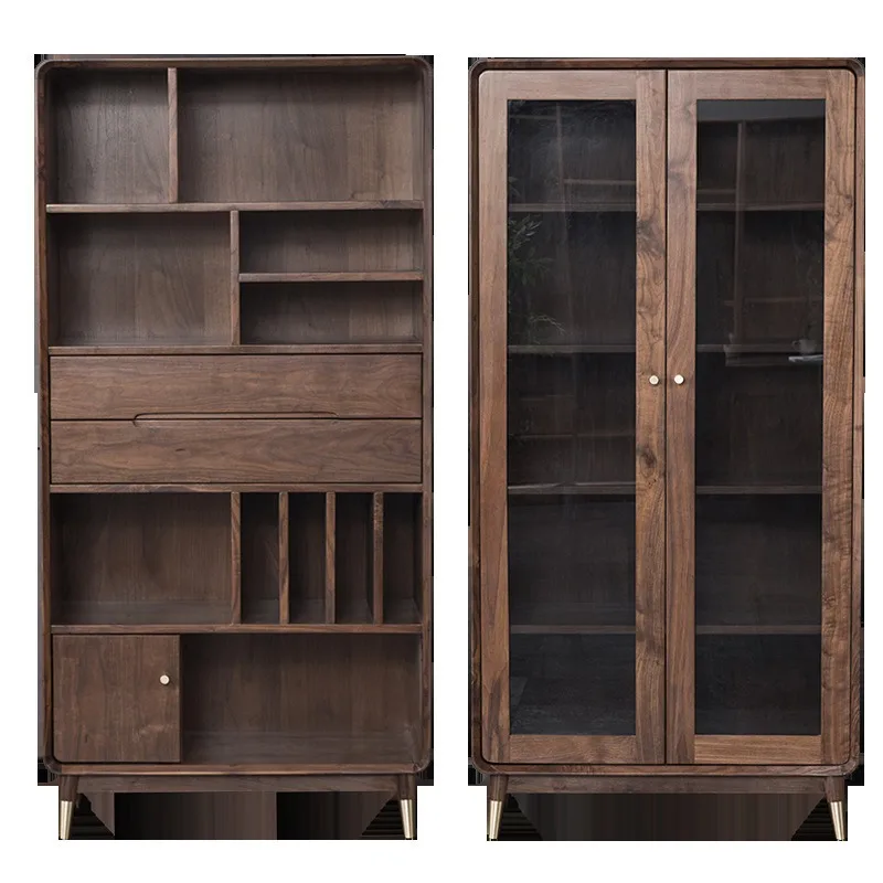 North American black walnut all solid wood bookcase, multi-functional baffle adjustable vertical wine cabinet, storage cabinet