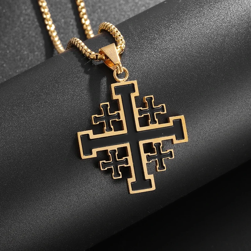 Stainless Steel Jerusalem Crusader Cross Necklace Men's Medieval Religious Statement Jewelry