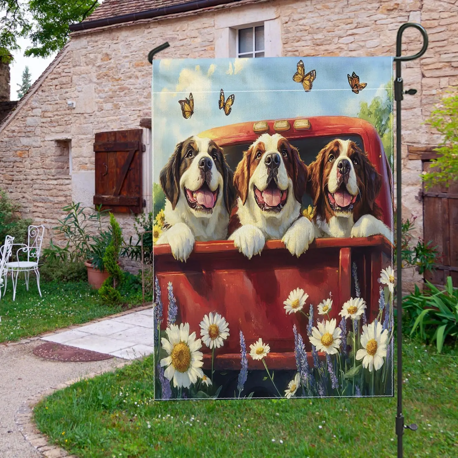 Spring St. Bernard Dog Garden Flags 12x18 Inch for Outside, Fun Puppy Truck Sunflower Standard Vertical Linen Flags for Hous uui