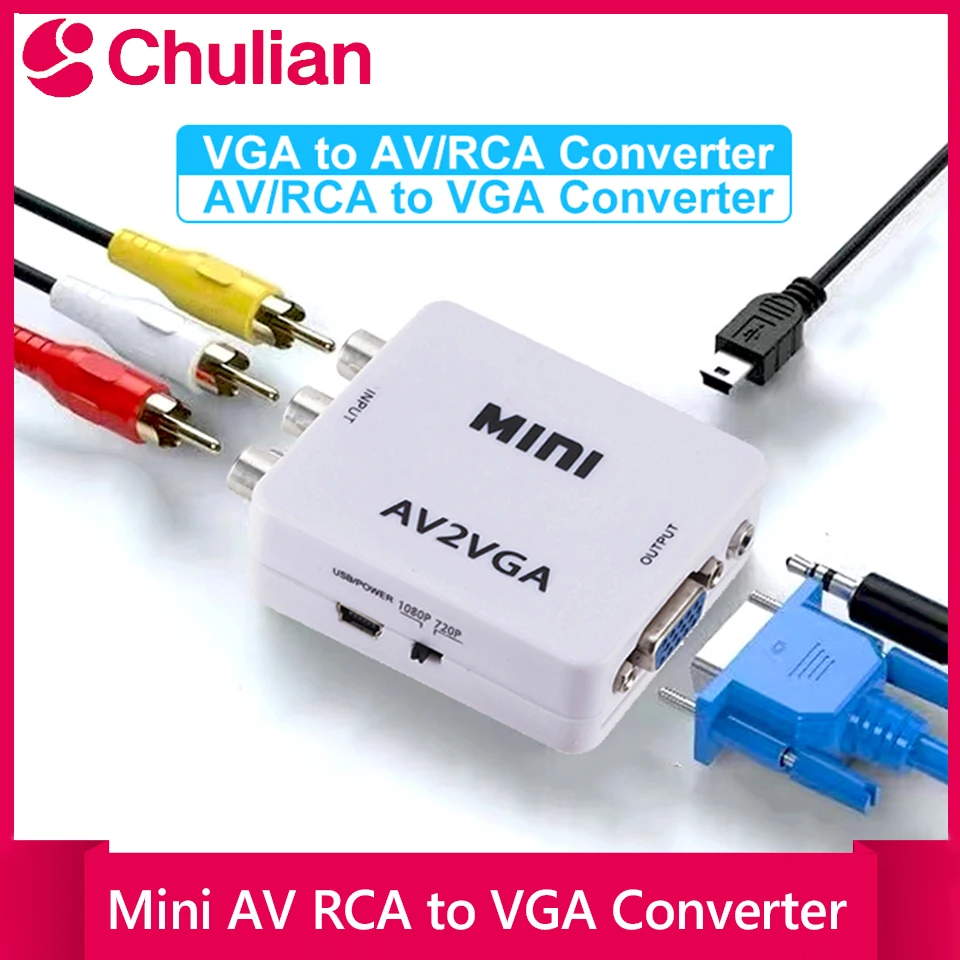 VGA to AV Converter 1080P RCA Adapter with 3.5mm Audio Cable for TV Box PC CVBS to VGA Converter Gaming Console Laptop Monitor