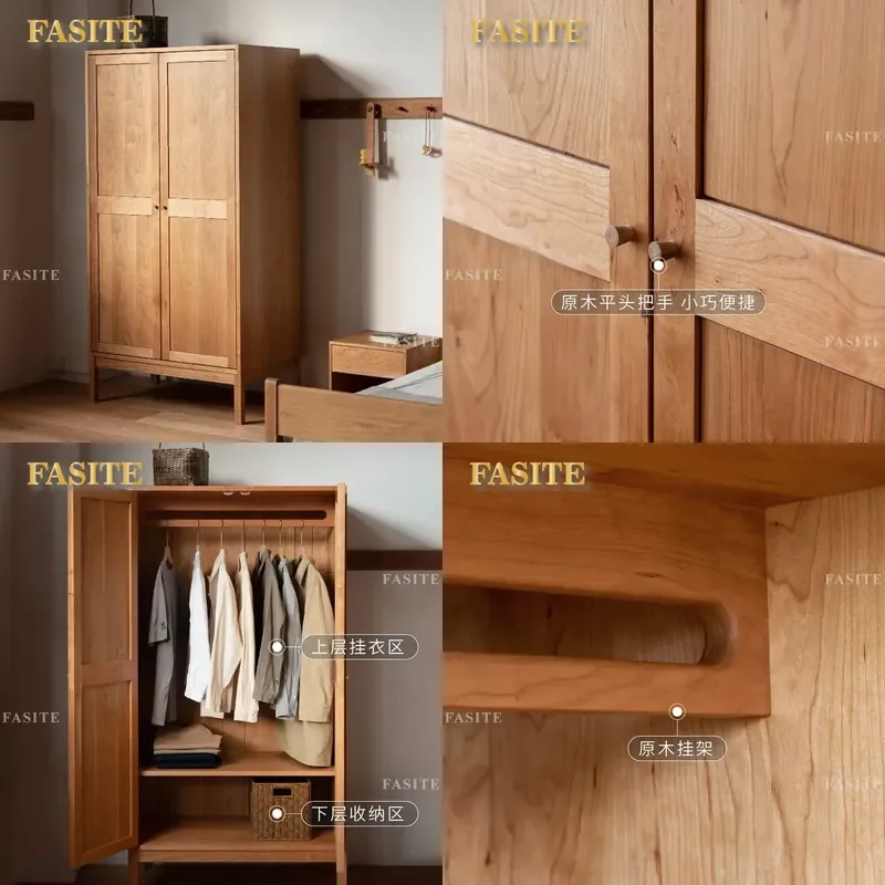 For Shaker Style Solid Wood Cherry Tall Wardrobe Modern Simple Bedroom Storage Cabinet Large Capacity Furniture