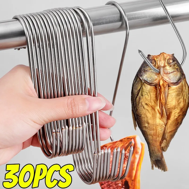 30/10PCS Kitchen Meat Hanging S Hooks Stainless Steel Sharp Tip Hooks Butcher Shop BBQ Pork Sausage Bacon Hams Sausage S Hangers