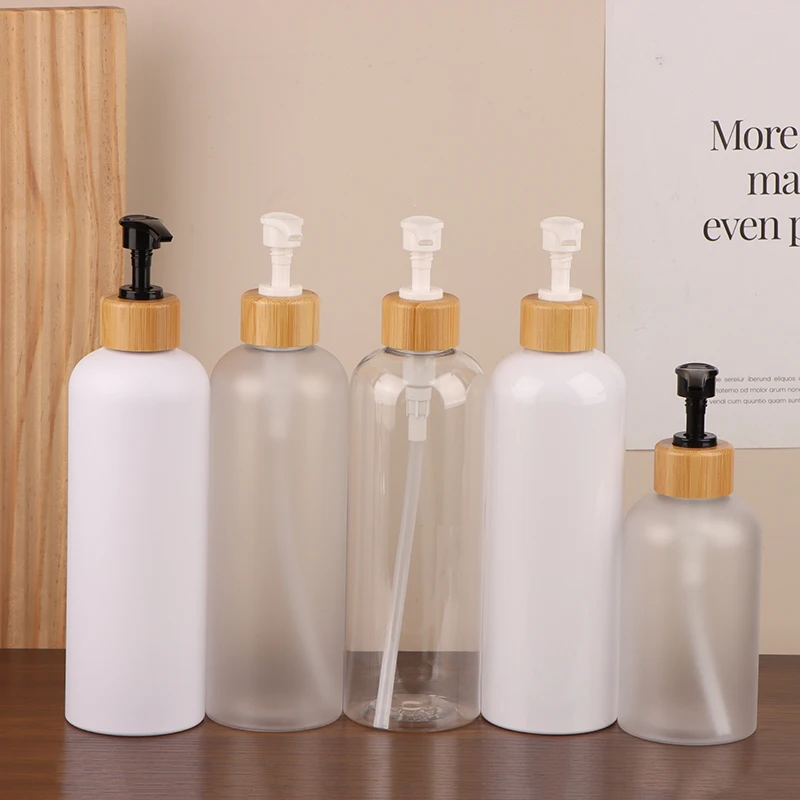300/500ML Bambus Pumpspender Badezimmer PET Spülmittel Leere Flasche Lotion Nachfüllbare Duschgel Flüssigkeit Mattierte Behälter