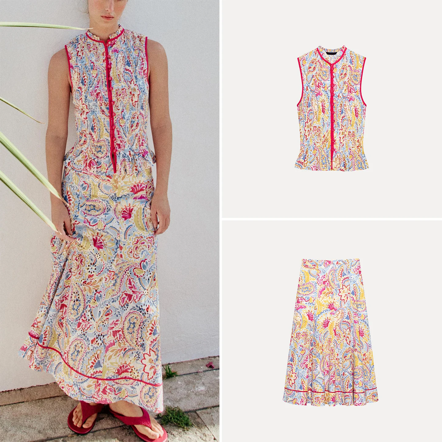Women's New Sleeveless Hollow Embroidery Pleated Print Top Midi Skirt Set Summer Fashion Casual Wear Chinese Brand Zadata