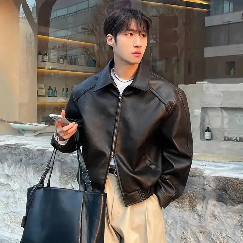 High Street Men's PU Leather Coats Turn-down Collar Double-ended Zipper Design Silhouette Solid Color Male Jackets 9ZLN5
