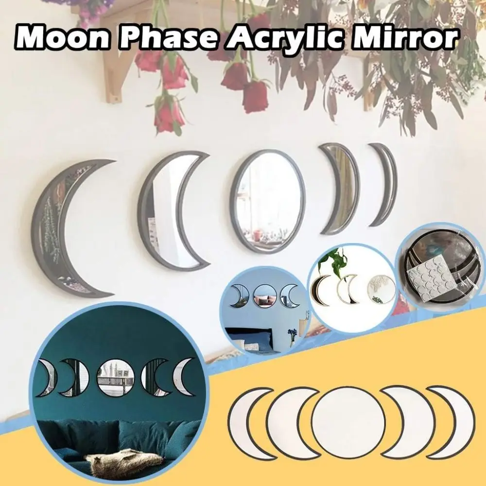 5 Pieces Set Moon Phase Mirror Scandinavian Style Wooden Frame Acrylic Wall Decor Natural Decor Acrylic Material