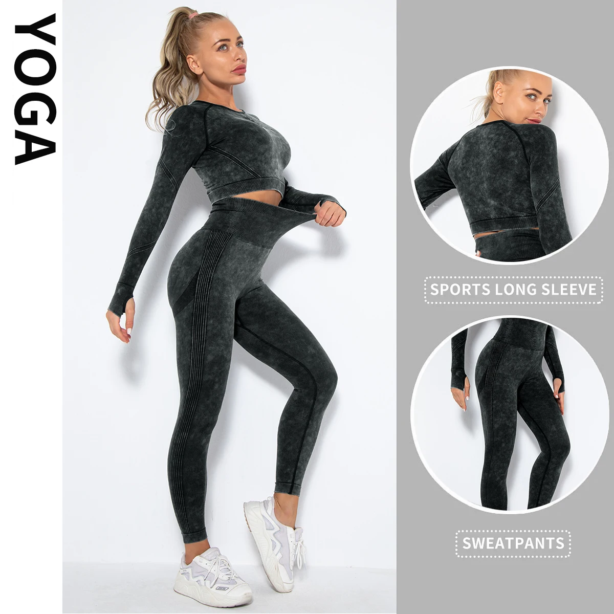 

Workout Sets for Women 2 Piece Seamless Long Sleeve Crop Tops Seamless Ribbed High Waist Leggings, Black