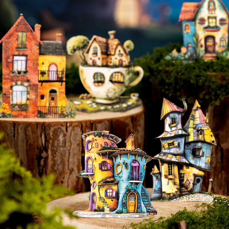 100pcs Strange house series wacky house boxed hard card stickers DIY handbook material collage phone case greeting card calendar