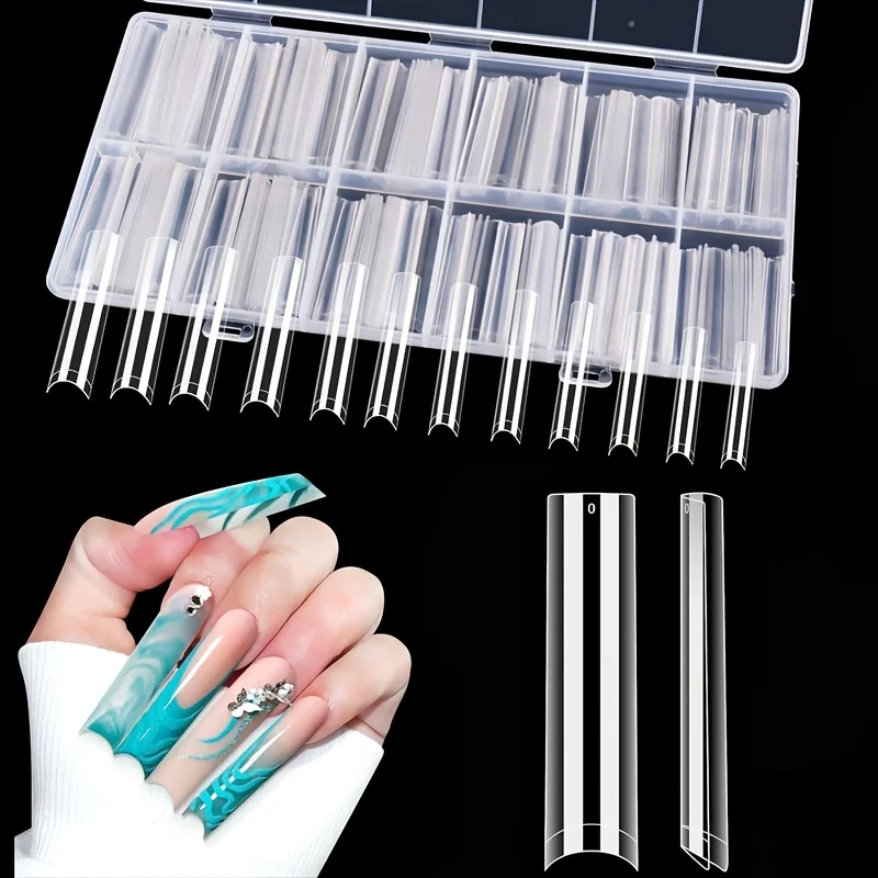 256 pieces/240 pieces 3XL tapered square nail tips, no C-curve, flat half set, extra-long false nail tips suitable for nail salons and home DIY, 12 sizes available