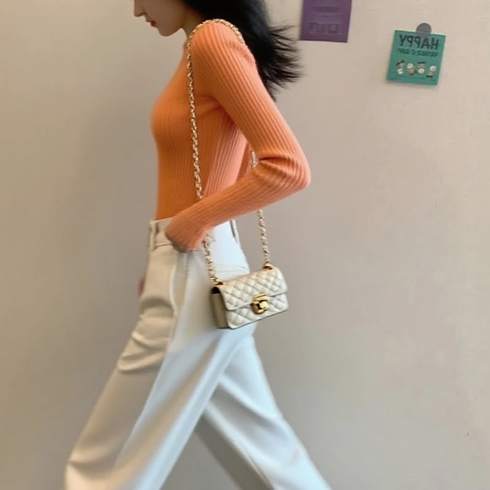 O Collo Sottile T-shirt elasticizzata Pullover Abbigliamento donna Nero Bianco Arancione O-Collo Camicetta in maglia S-XL Maglione sexy a maniche lunghe Top Girl