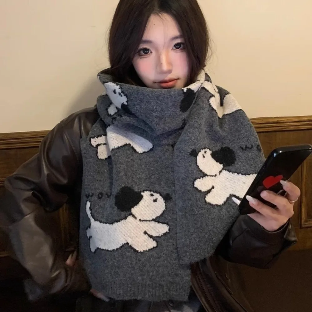 

Fashion Lightweight Puppy Pattern Scarf Korean Style Windproof Cashmere Blend Scarf Cute Warm Knitted Shawl Gift