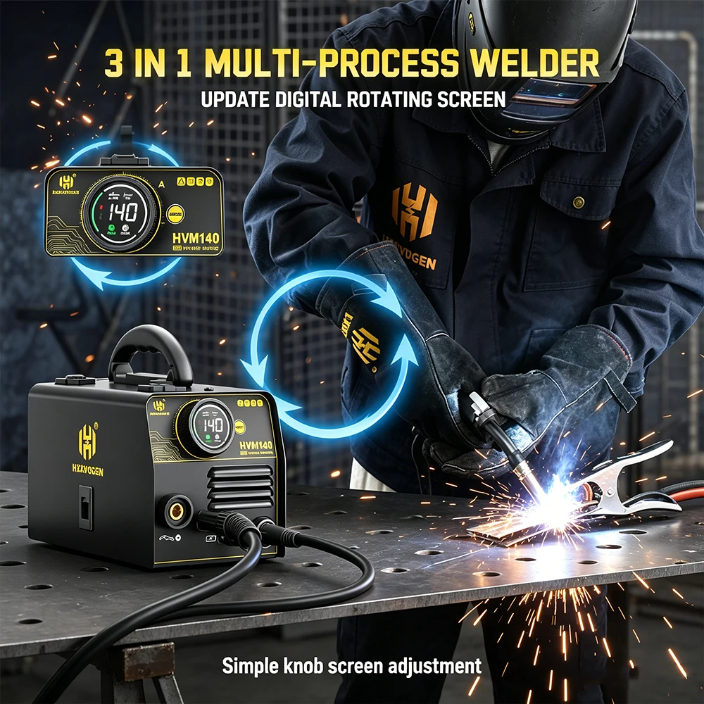 HZXVOGEN Poste à souder MIG 140A 220V 3 en 1 sans gaz, soudeuse à fil continu, MMA Lift TIG, contrôle synergique, écran LED, machine à souder portable à onduleur IGBT
