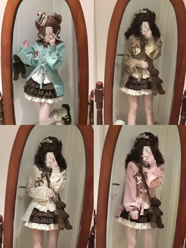 اليابانية الحلو لوليتا موضة 3 قطعة مجموعة المرأة الجمالية الجوف خارج سترة Y2k بلايز + التنانير Harajuku Kawaii ملابس غير رسمية #1