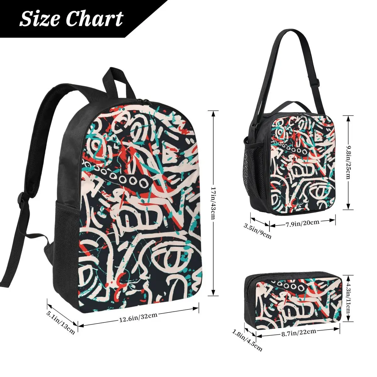 Street Art Graffiti Pattern Inchiostro e Zaino Posca Ragazzo Ragazza BookBag Borsa da scuola Borse a tracolla Borsa da pranzo isolata 3ps Astuccio