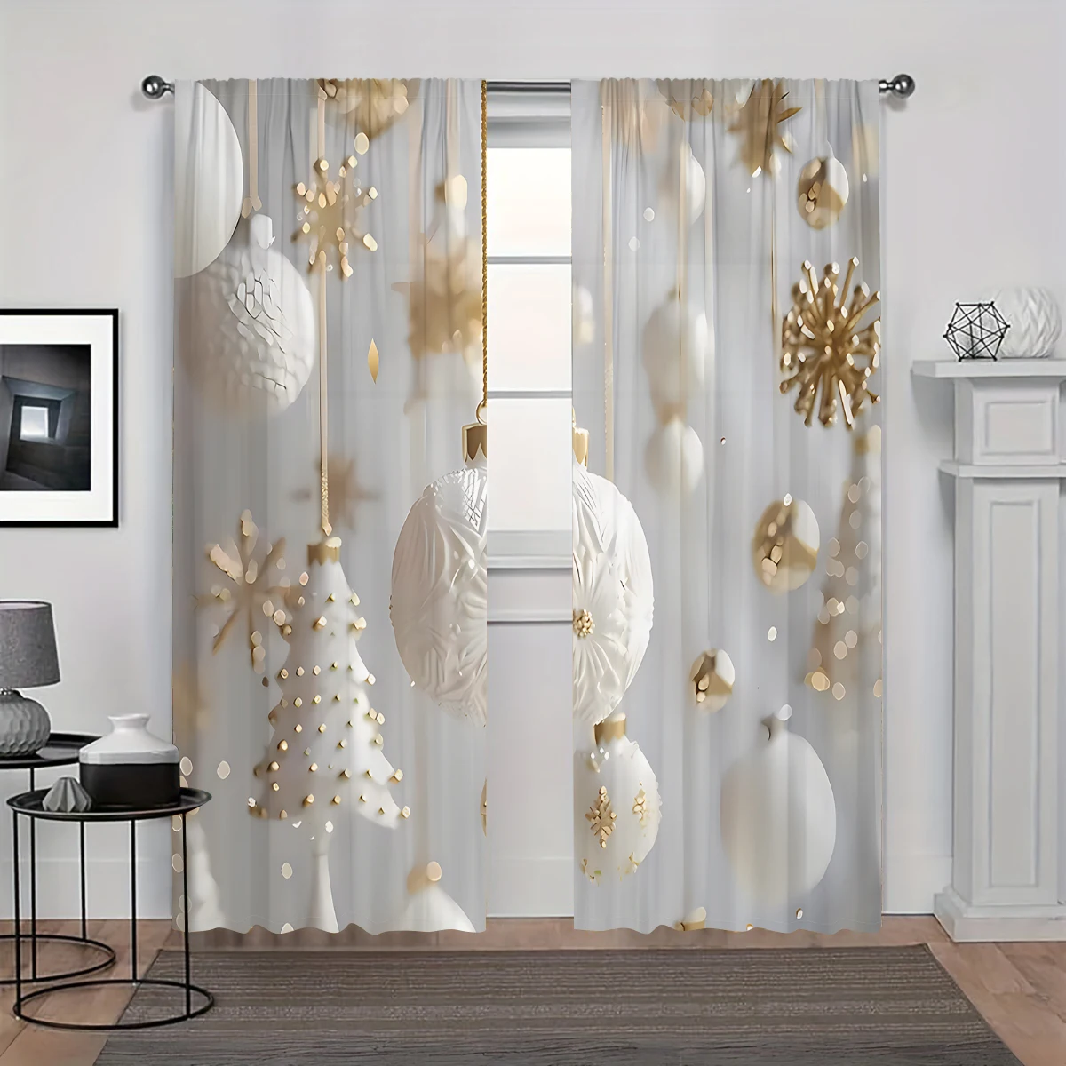 2PCS Elegant Cortinas Gold and White Christmas Bell Christmas Tree Snowman Print Curtains for Bedroom Living Room Window Decor