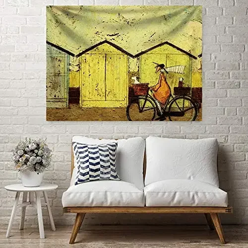 Retro Cartoon Tapestry Bicycle Man Hat Scarf Yellow House Cute Polyester Wall Hanging Tapestry