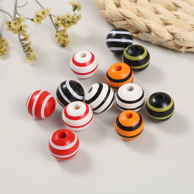 12Pcs16mm Colored Striped Round Wooden Beads DIY Wooden Mini Beads Party Home Decoration Children's Fun Hand Beading Toys Gift