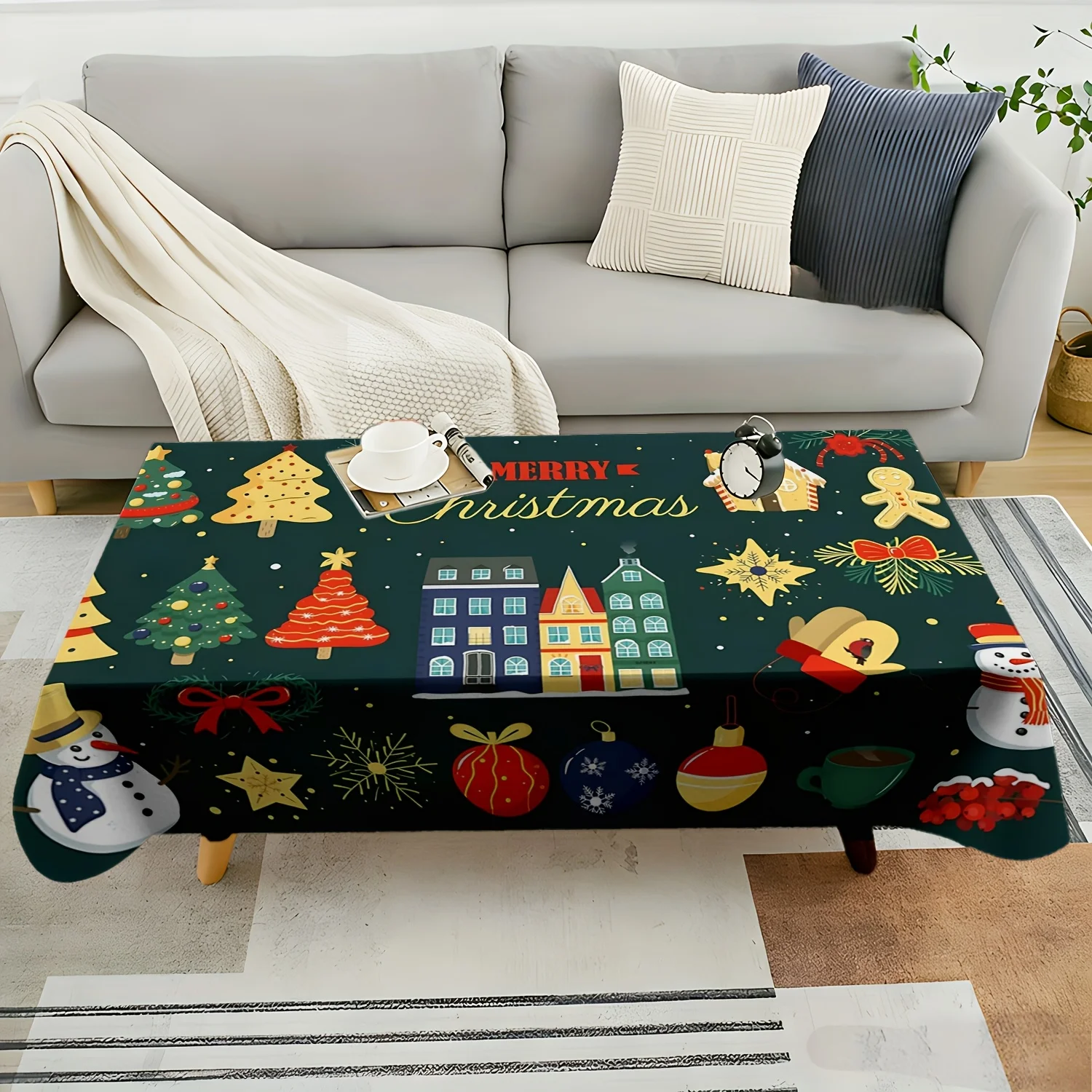 Cartoon House Tree Xmas Tablecloth, Soft Rectangular Washable Table Cover for Daily Dining & Family Holiday Gathering Decor