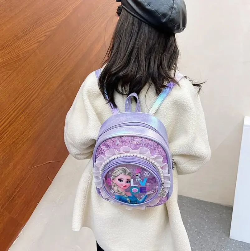 Disney Sequins Frozen Elsa Backpack Fashion Glitter School Book Bag Girls Kawaii PU Leather Travel Backpack Christmas gifts