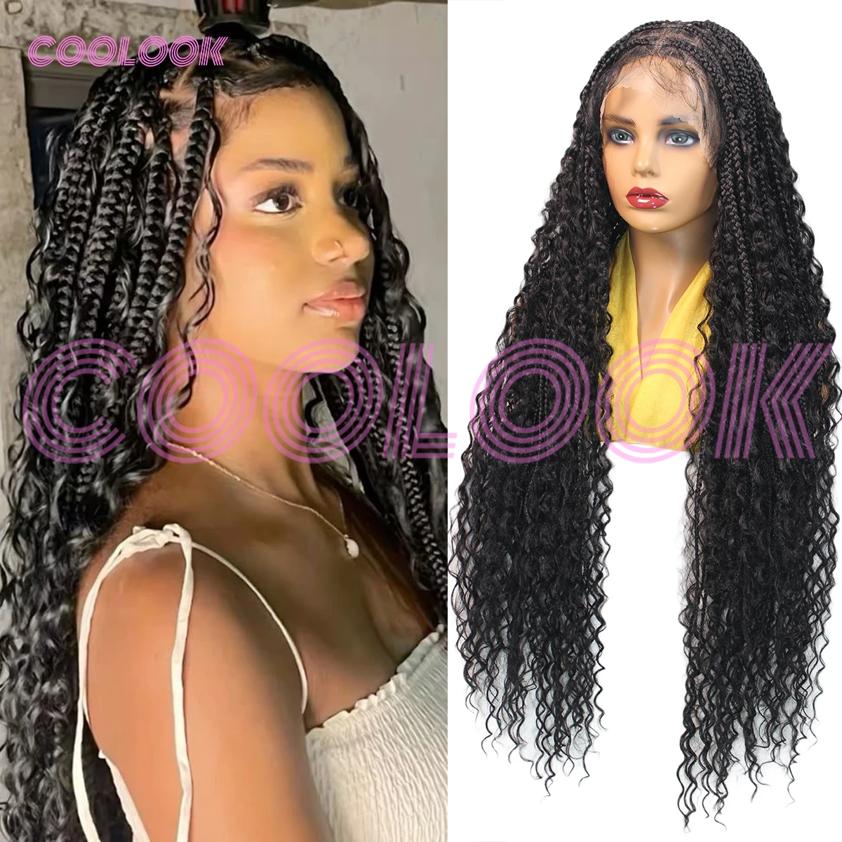 

36 "Омбре Коричневый Полный кружевной парик в стиле бохо без узлов Box Braids для женщин с вьющимися концами Синтетический плетеный парик в стиле бохо богини Cornrow
