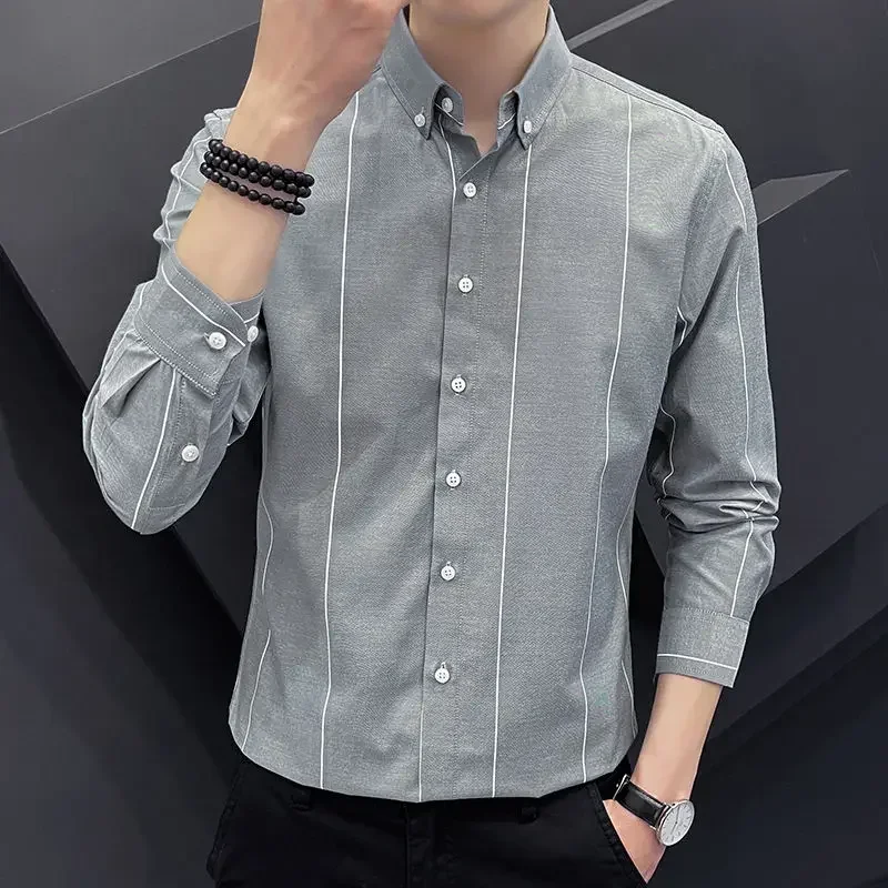 

Fashion Printed Lapel Button Loose Striped Shirt Men's Clothing 2022 Autumn New Oversized Casual Tops All-match Korean Shirts