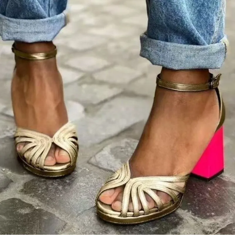 

2026 Summer Womens Fashion Peep Toe One Band Open Toe Stiletto High Heel Sandals Plus Size Dress Shoes