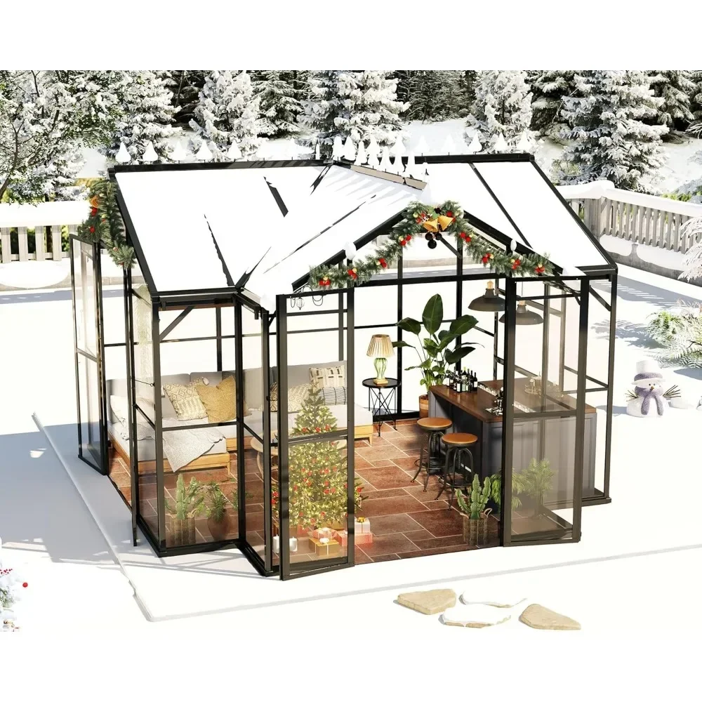 Chalet Greenhouse 12x10x8 FT, Greenhouses for Garden Backyard with 2 Vents, Walk-in Aluminum Greenhouse with 2 Hinged Doors