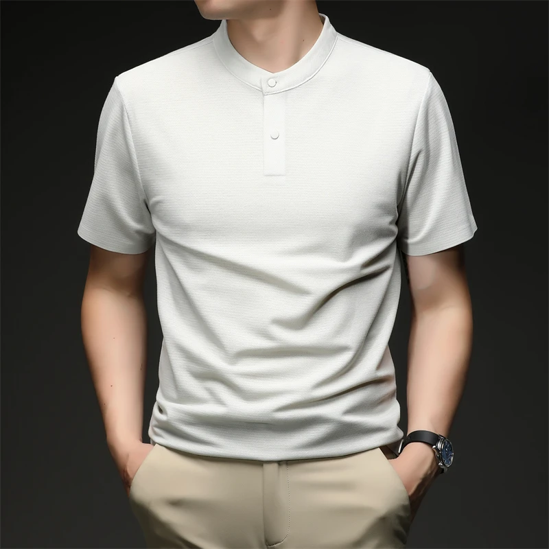 2026 New Men's Single Button Henley Neck Tee Comfortable Textured Fabric Short Sleeve For Casual And Business