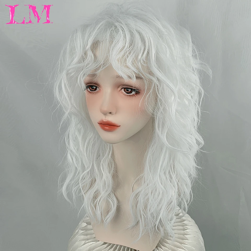 LM Long Water Wave Wig with Bangs White Colorful Cosplay Wig for Women Daily Party Natural Soft Synthetic Hair Heat Resistant