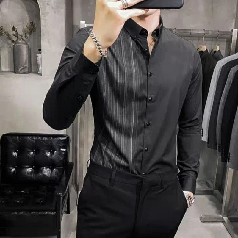 

Thin Autumn Winter Formal Shirts Business Casual Loose Handsome Turn-down Collar Asymmetrical Man Men's Clothing Spring Summer